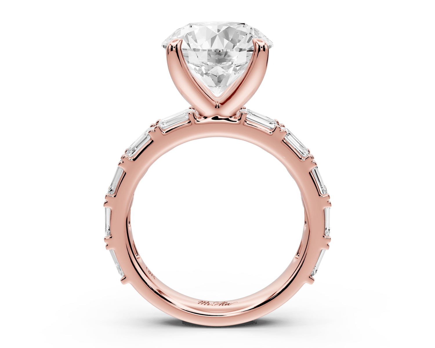 Nadia - 4ct 18k rose gold round diamond with east - west emerald cut accent stones engagement ring - Mr. Alex Jewelry