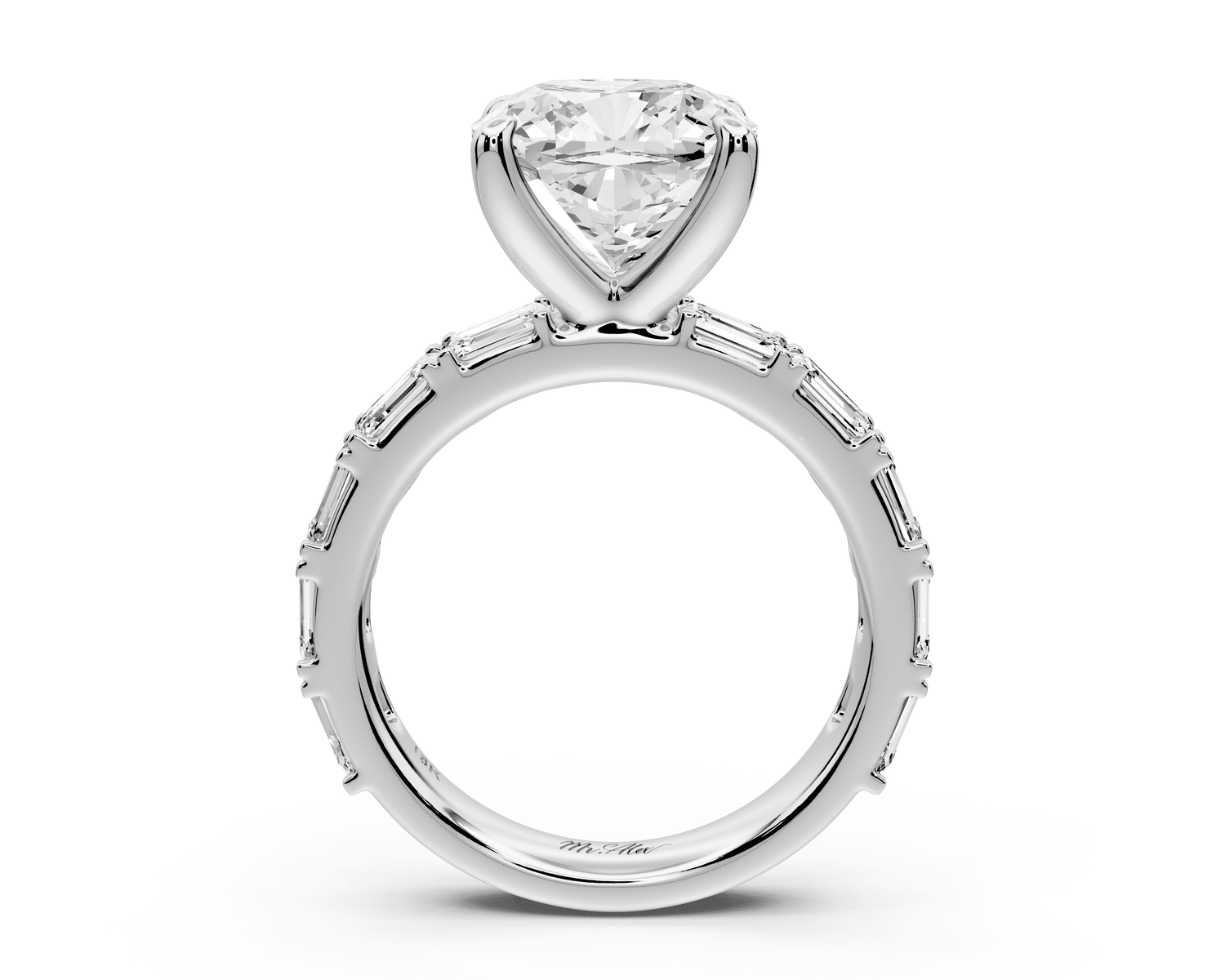 Nadia - 4ct 18k white gold cushion diamond with east - west emerald cut accent stones engagement ring - Mr. Alex Jewelry
