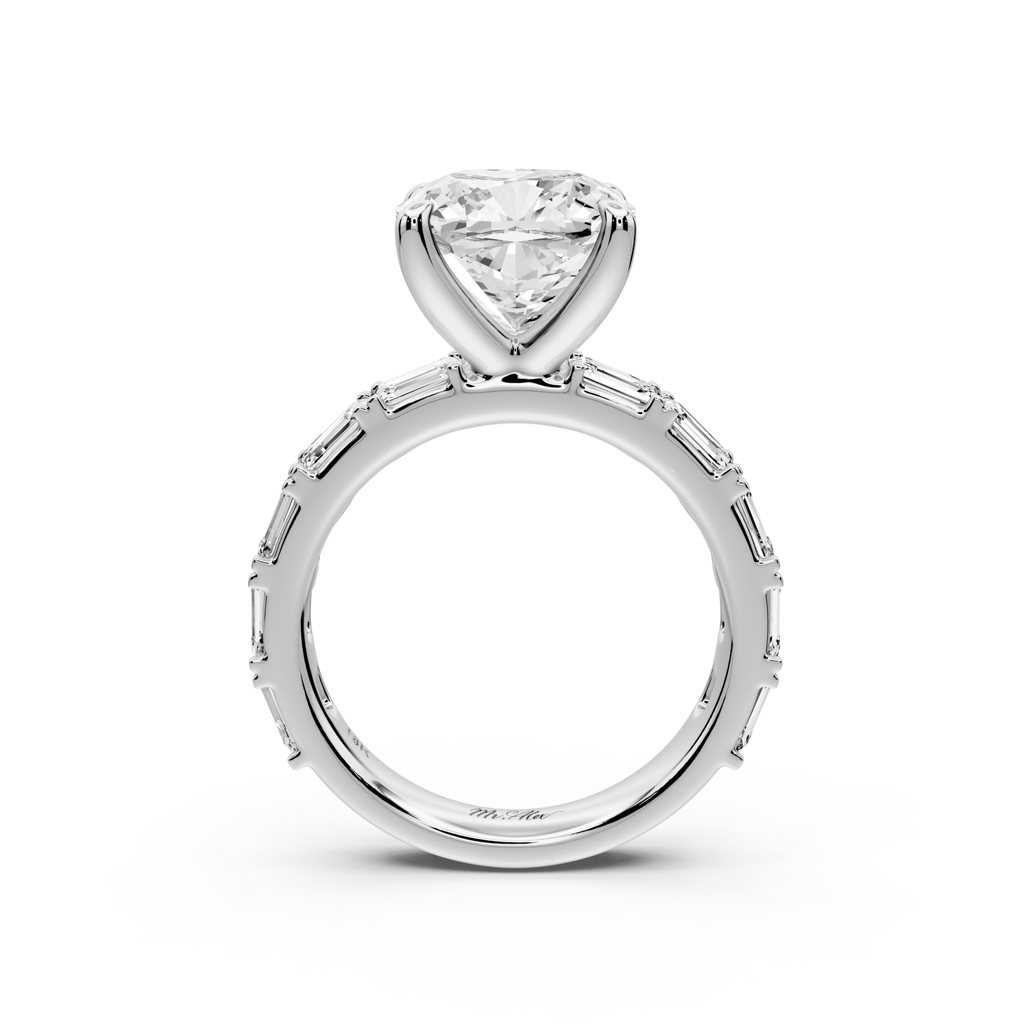 Nadia - 4ct 18k white gold cushion diamond with east - west emerald cut accent stones engagement ring - Mr. Alex Jewelry