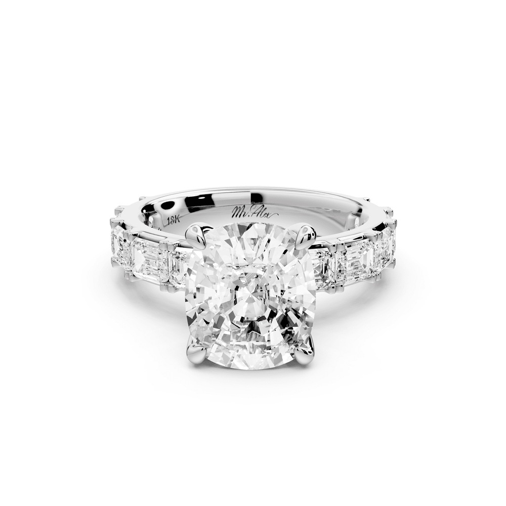 Nadia - 4ct 18k white gold ecushion diamond with east - west emerald cut accent stones engagement ring - Mr. Alex Jewelry