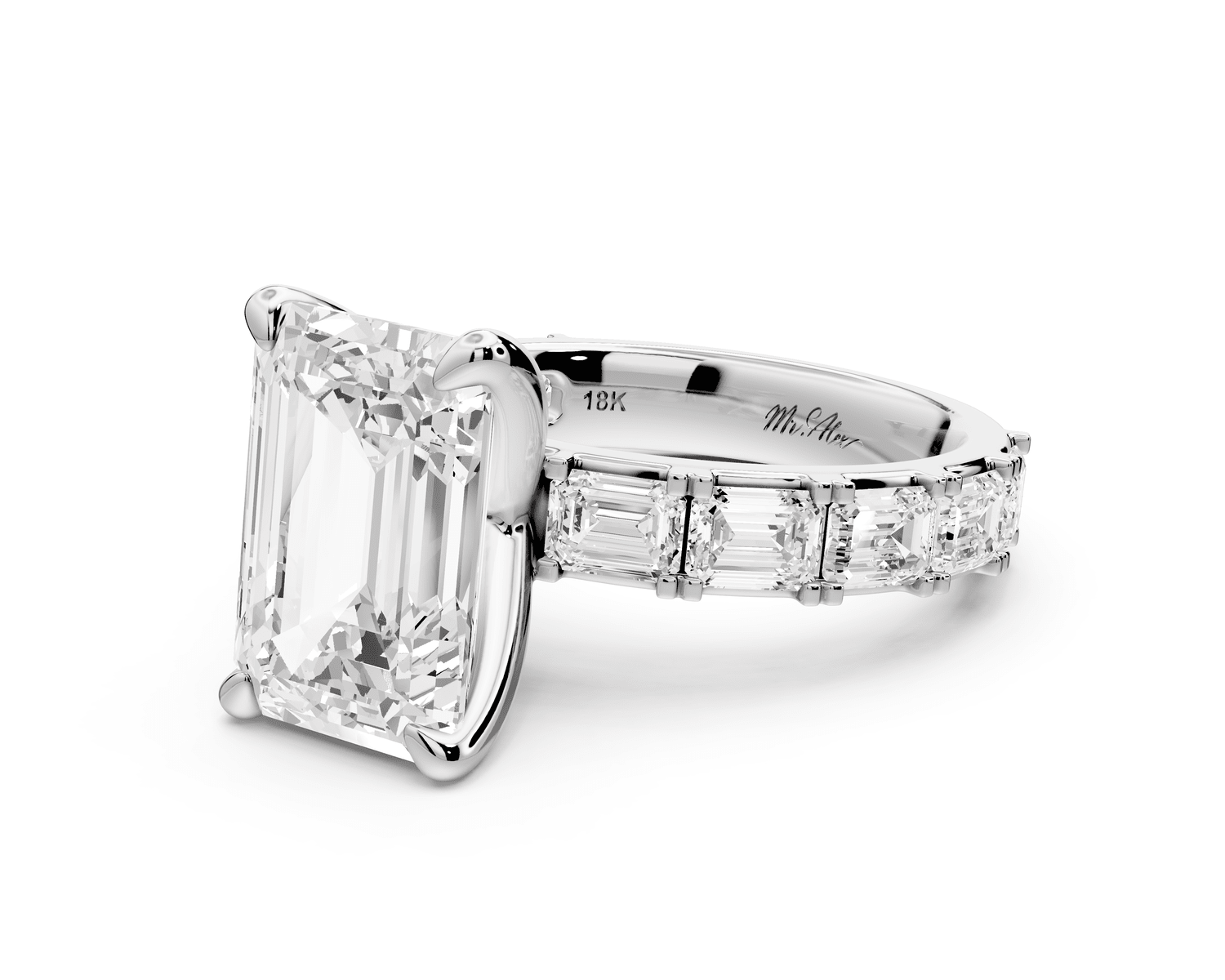 Nadia - 4ct 18k white gold emerald diamond with east - west emerald cut accent stones engagament ring - Mr. Alex Jewelry
