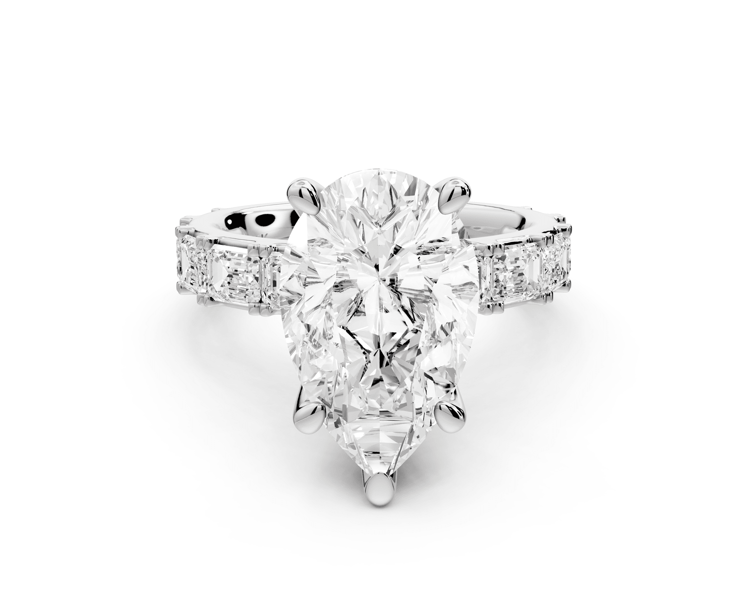 Nadia - 4ct 18k white gold pear diamond with east - west emerald cut accent stones engagament ring - Mr. Alex Jewelry