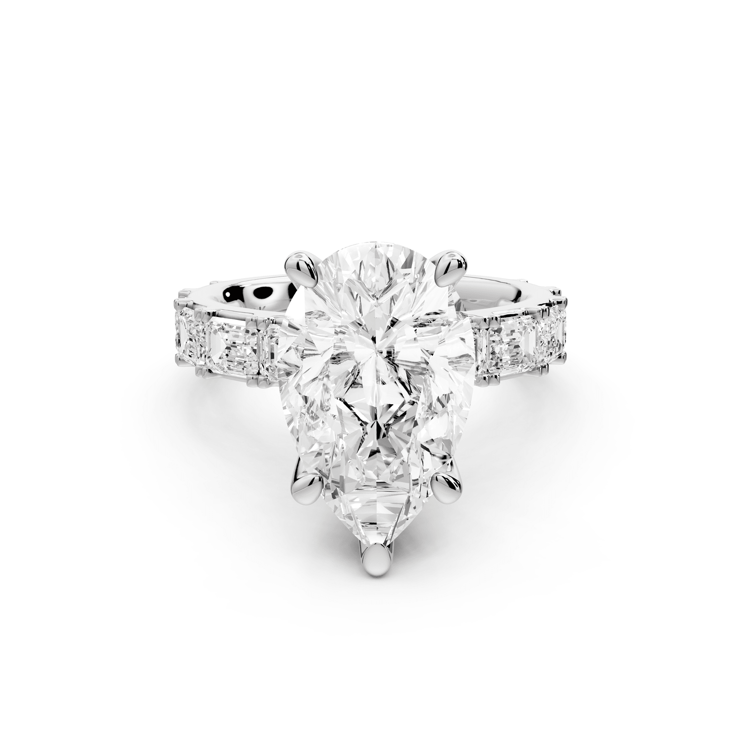 Nadia - 4ct 18k white gold pear diamond with east - west emerald cut accent stones engagament ring - Mr. Alex Jewelry