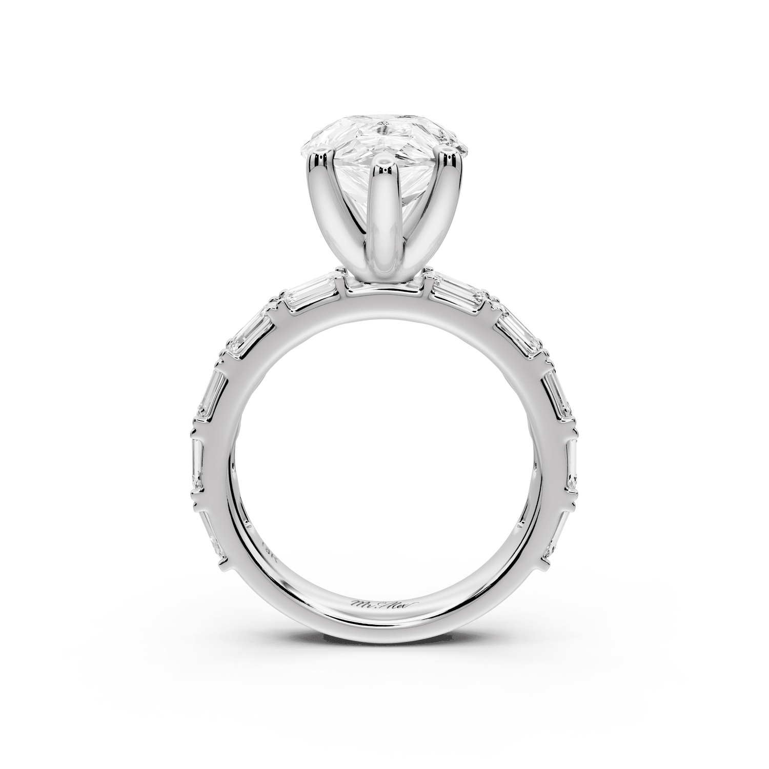 Nadia - 4ct 18k white gold pear diamond with east - west emerald cut accent stones engagament ring - Mr. Alex Jewelry