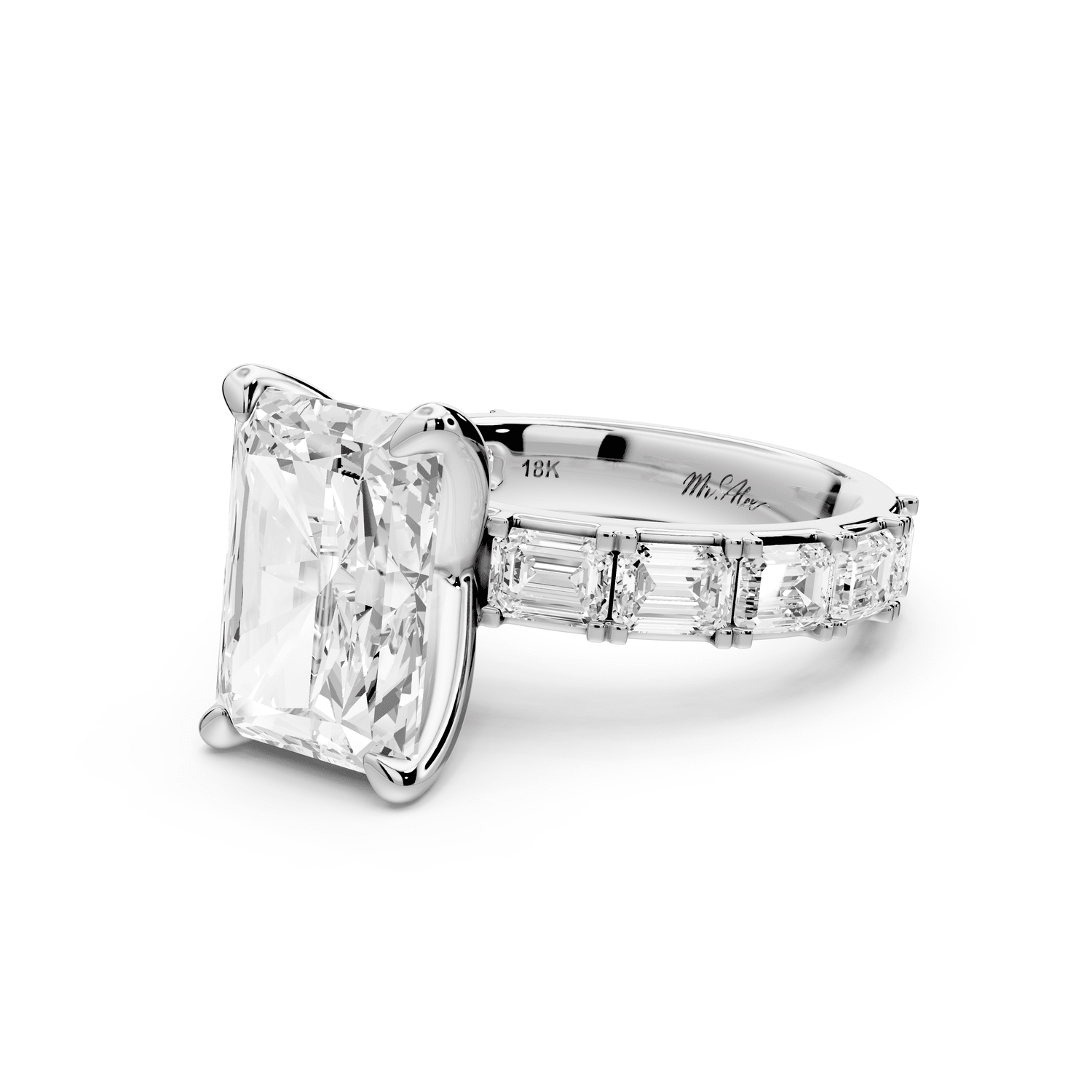 Nadia - 4ct 18k white gold radiant diamond with east - west emerald cut accent stones engagement ring - Mr. Alex Jewelry