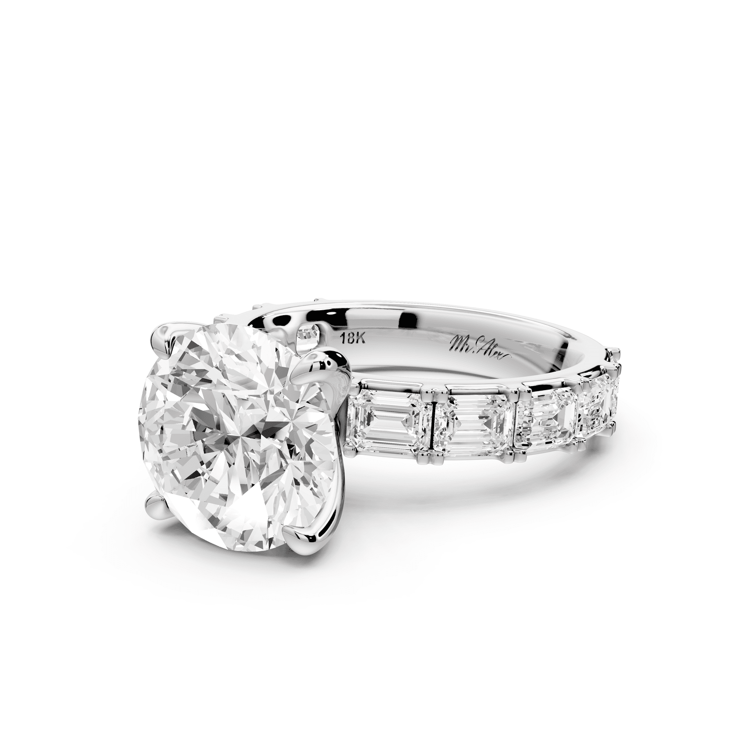 Nadia - 4ct 18k white gold round diamond with east - west emerald cut accent stones engagement ring - Mr. Alex Jewelry