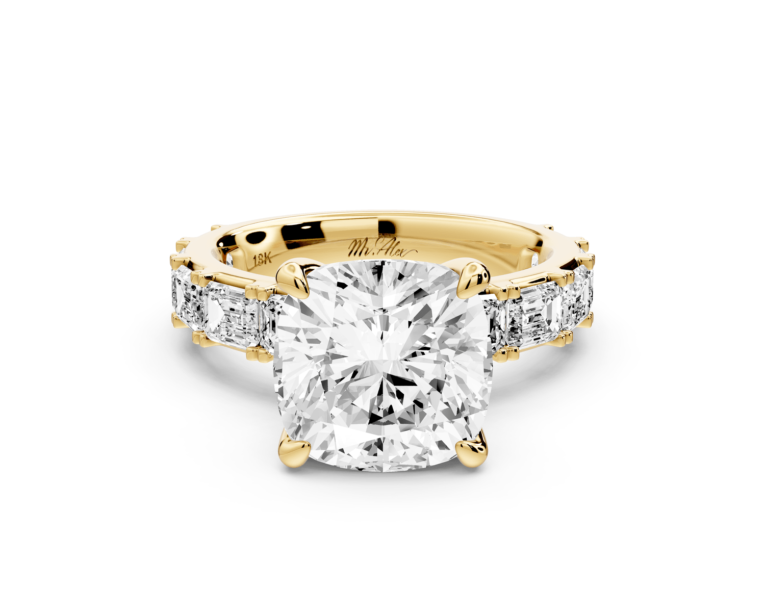 Nadia - 4ct 18k yellow gold cushion diamond with east - west emerald cut accent stones engagement ring - Mr. Alex Jewelry