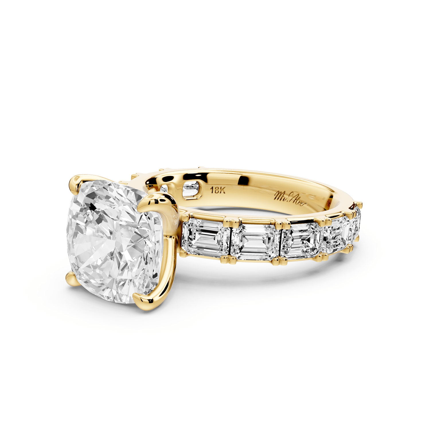 Nadia - 4ct 18k yellow gold cushion diamond with east - west emerald cut accent stones engagement ring - Mr. Alex Jewelry