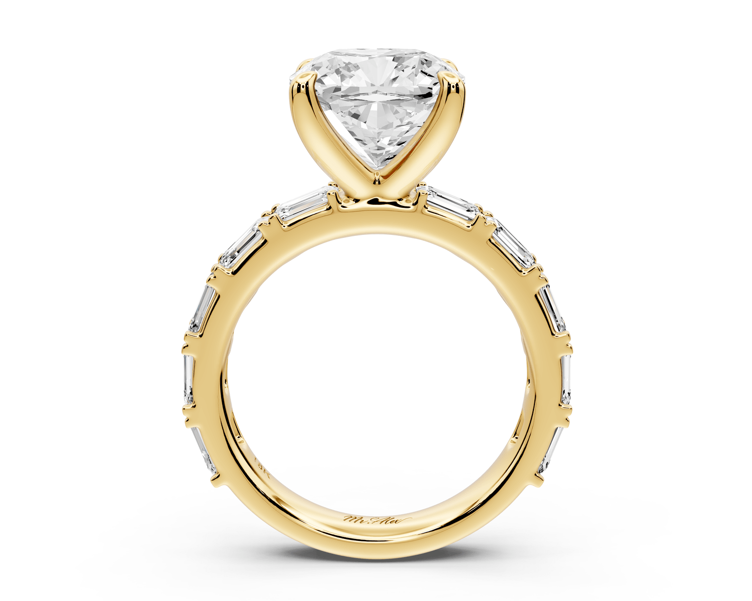 Nadia - 4ct 18k yellow gold cushion diamond with east - west emerald cut accent stones engagement ring - Mr. Alex Jewelry