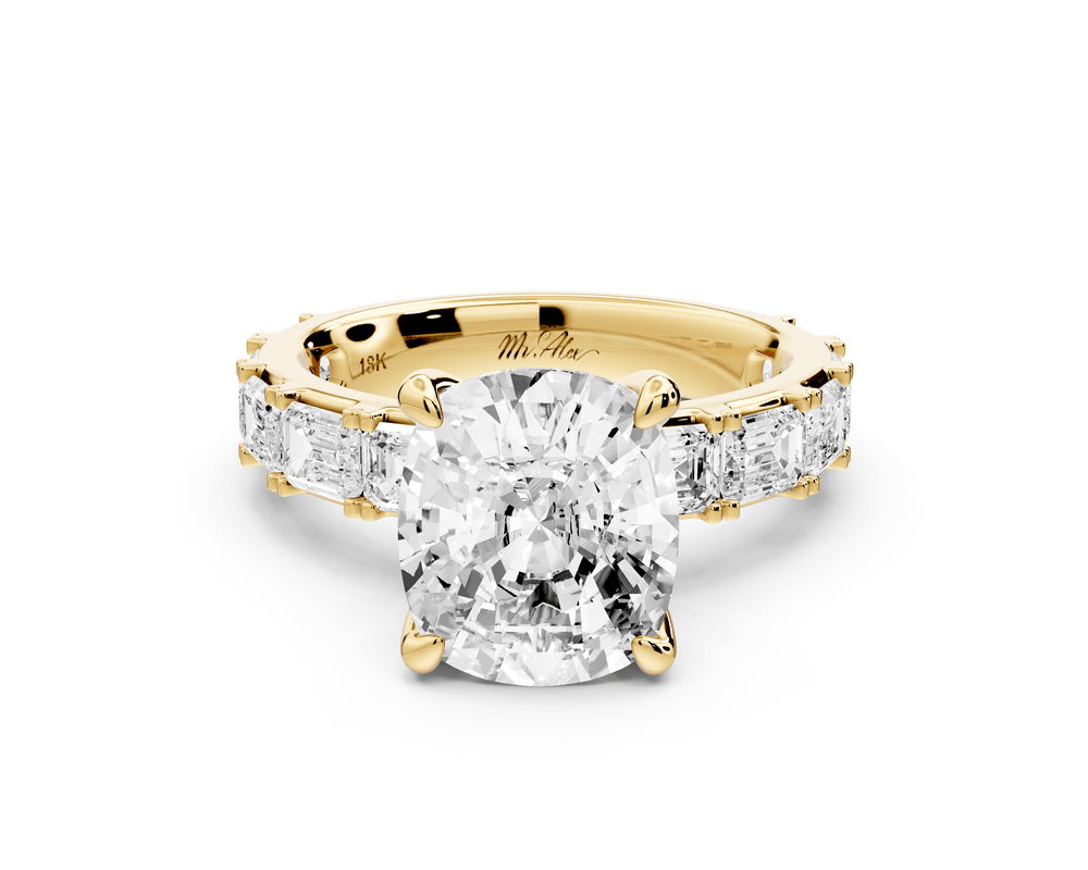 Nadia - 4ct 18k yellow gold ecushion diamond with east - west emerald cut accent stones engagement ring - Mr. Alex Jewelry