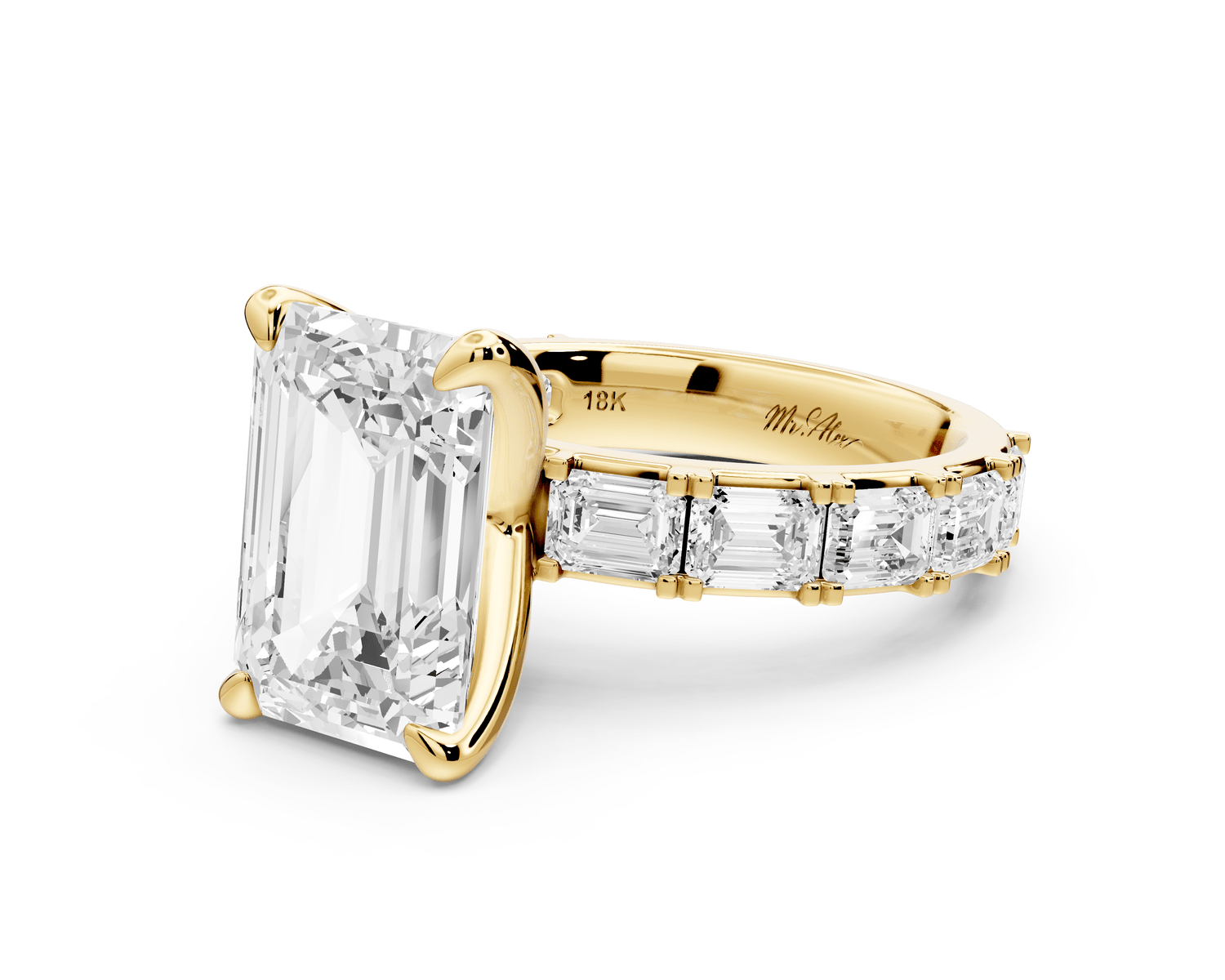 Nadia - 4ct 18k yellow gold emerald diamond with east - west emerald cut accent stones engagament ring - Mr. Alex Jewelry