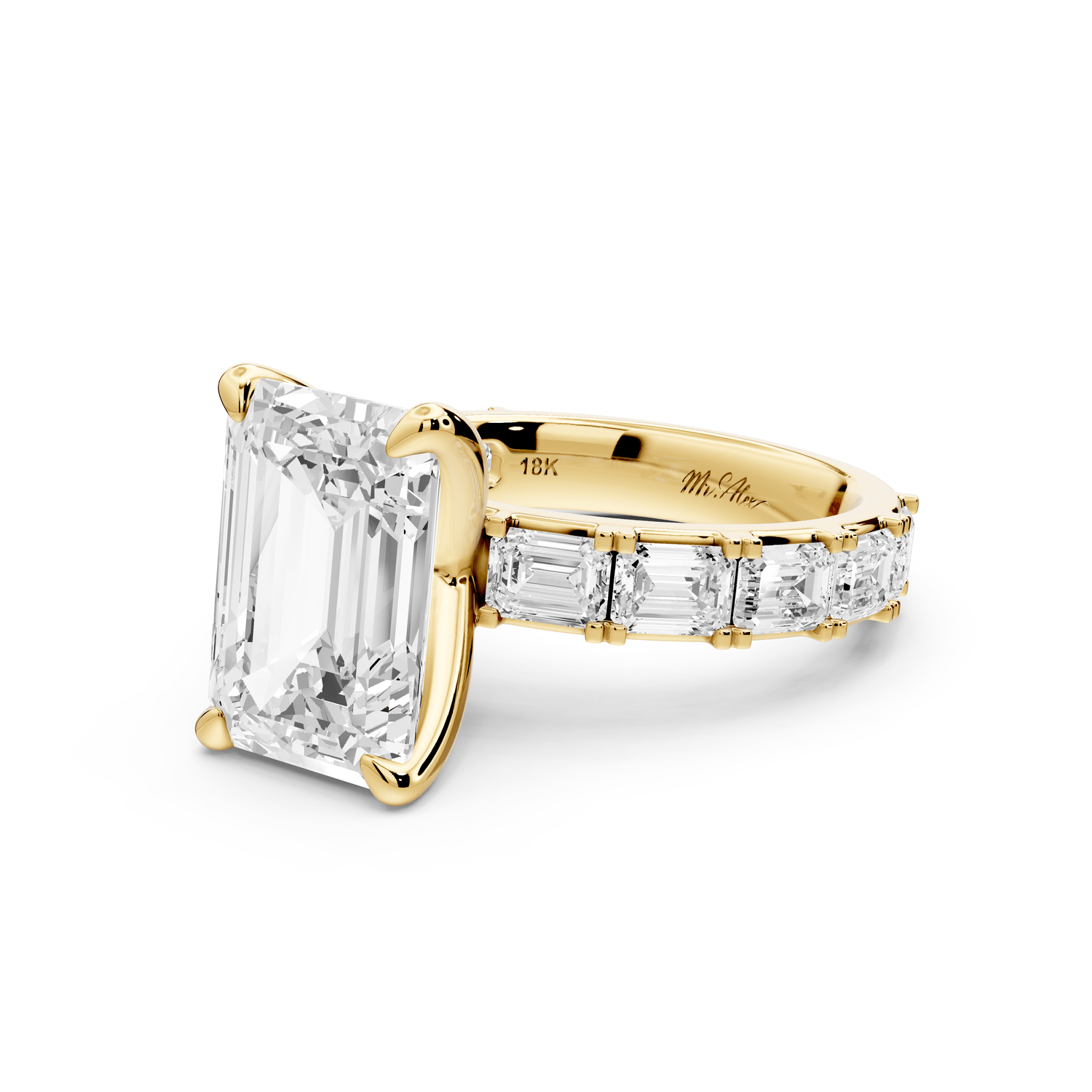 Nadia - 4ct 18k yellow gold emerald diamond with east - west emerald cut accent stones engagament ring - Mr. Alex Jewelry