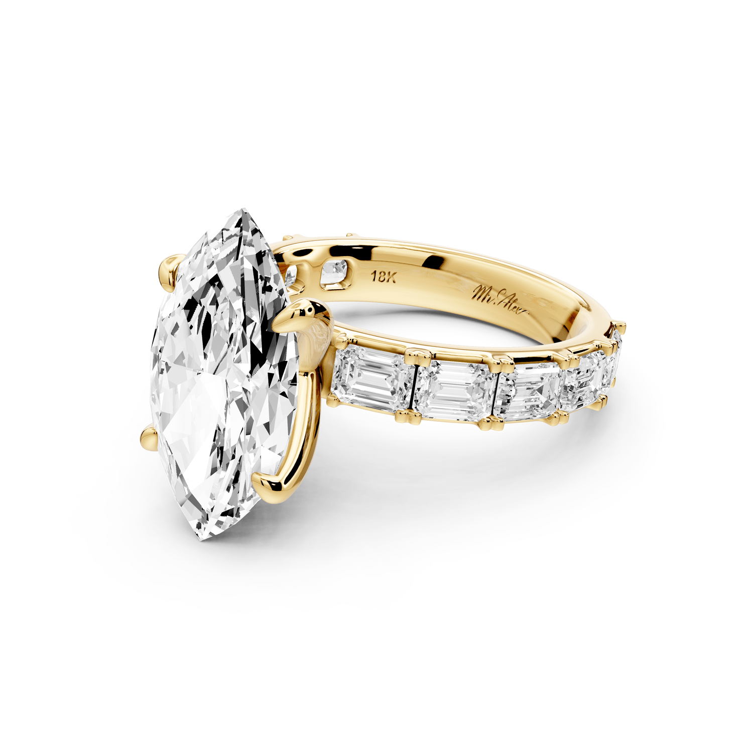 Nadia - 4ct 18k yellow gold marquise diamond with east - west emerald cut accent stones engagement ring - Mr. Alex Jewelry