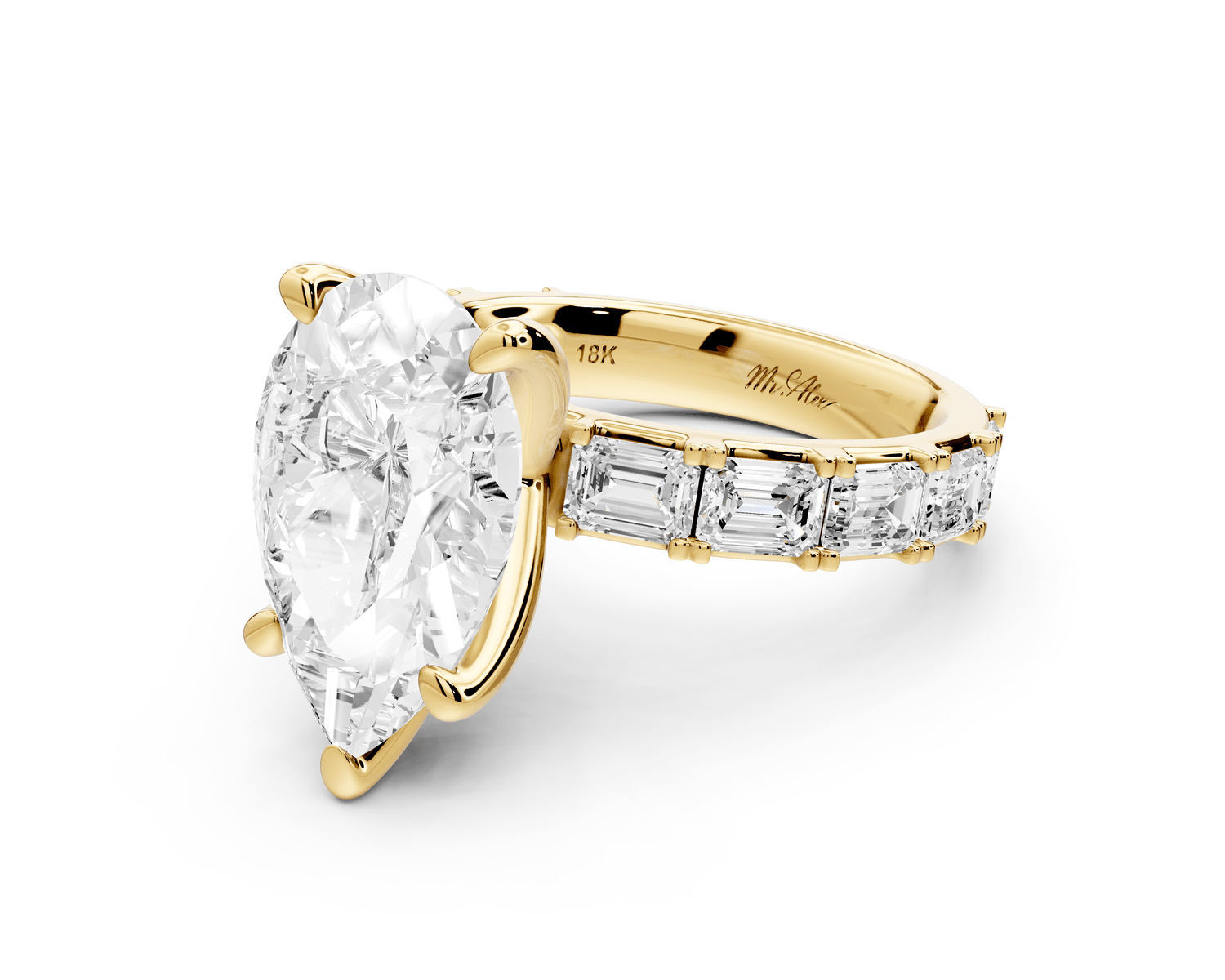 Nadia - 4ct 18k yellow gold pear diamond with east - west emerald cut accent stones engagament ring - Mr. Alex Jewelry