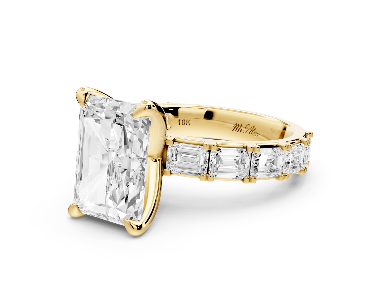 Nadia - 4ct 18k yellow gold radiant diamond with east - west emerald cut accent stones engagement ring - Mr. Alex Jewelry