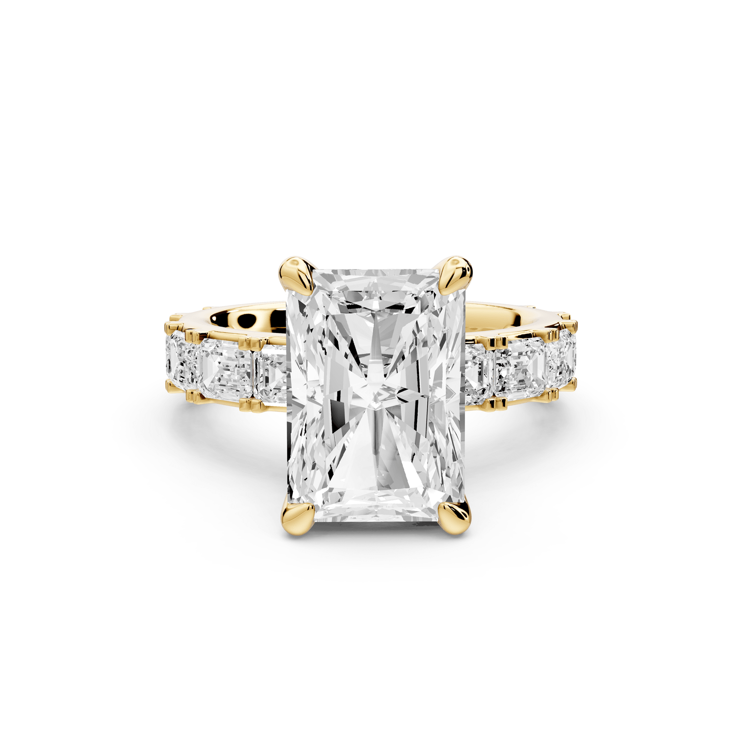 Nadia - 4ct 18k yellow gold radiant diamond with east - west emerald cut accent stones engagement ring - Mr. Alex Jewelry
