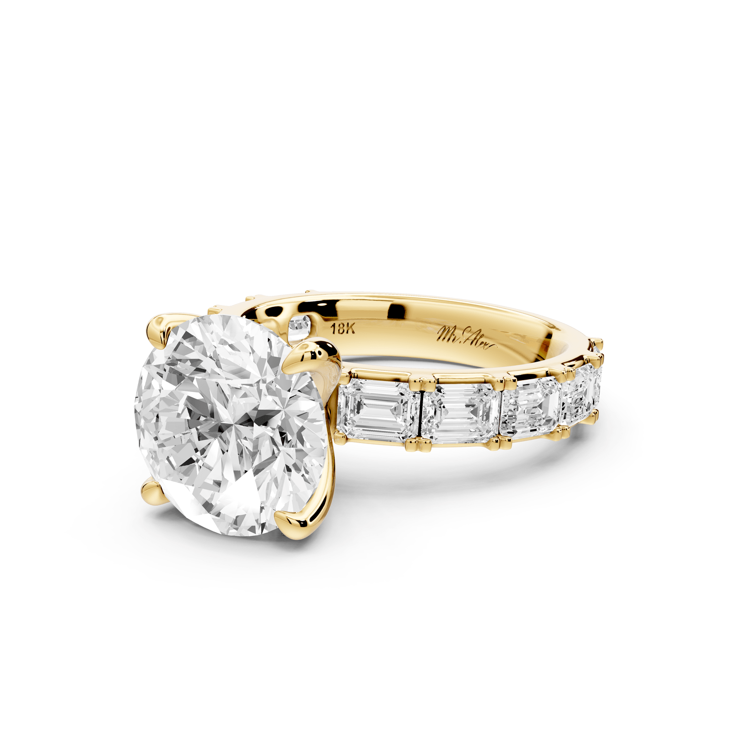 Nadia - 4ct 18k yellow gold round diamond with east - west emerald cut accent stones engagement ring - Mr. Alex Jewelry