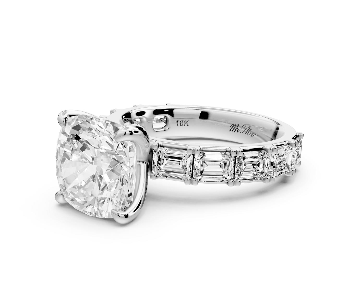 Nadia - 4ct platinum cushion diamond with east - west emerald cut accent stones engagement ring - Mr. Alex Jewelry