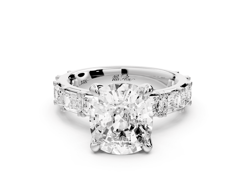 Nadia - 4ct platinum ecushion diamond with east - west emerald cut accent stones engagement ring - Mr. Alex Jewelry