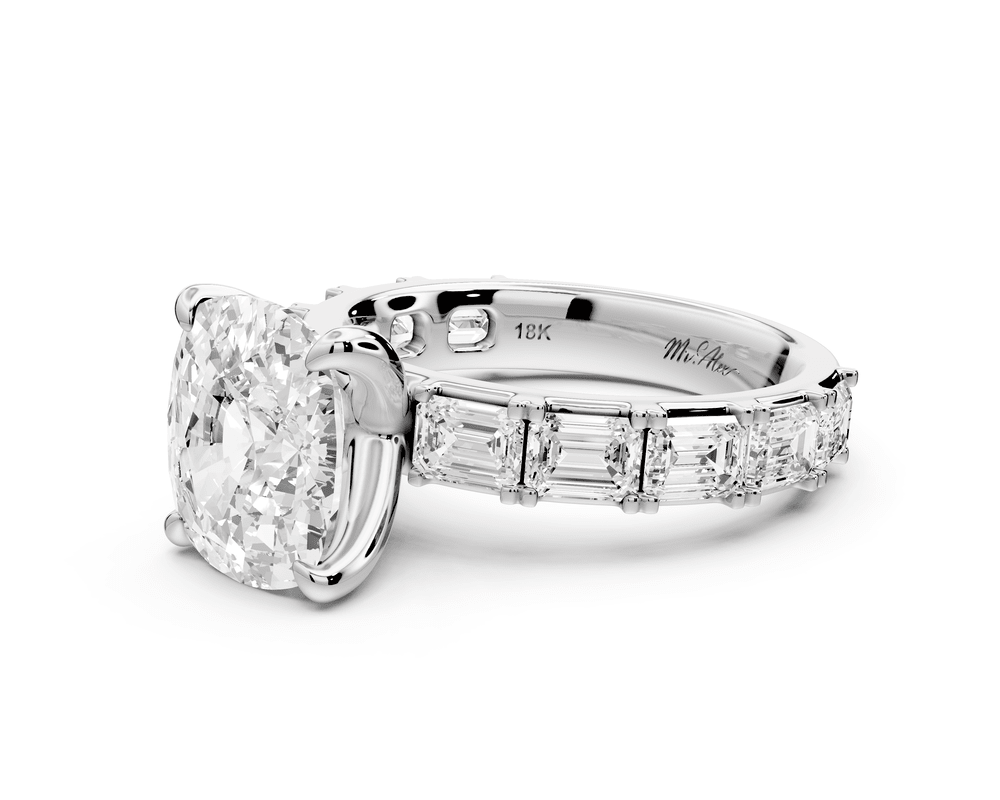 Nadia - 4ct platinum ecushion diamond with east - west emerald cut accent stones engagement ring - Mr. Alex Jewelry