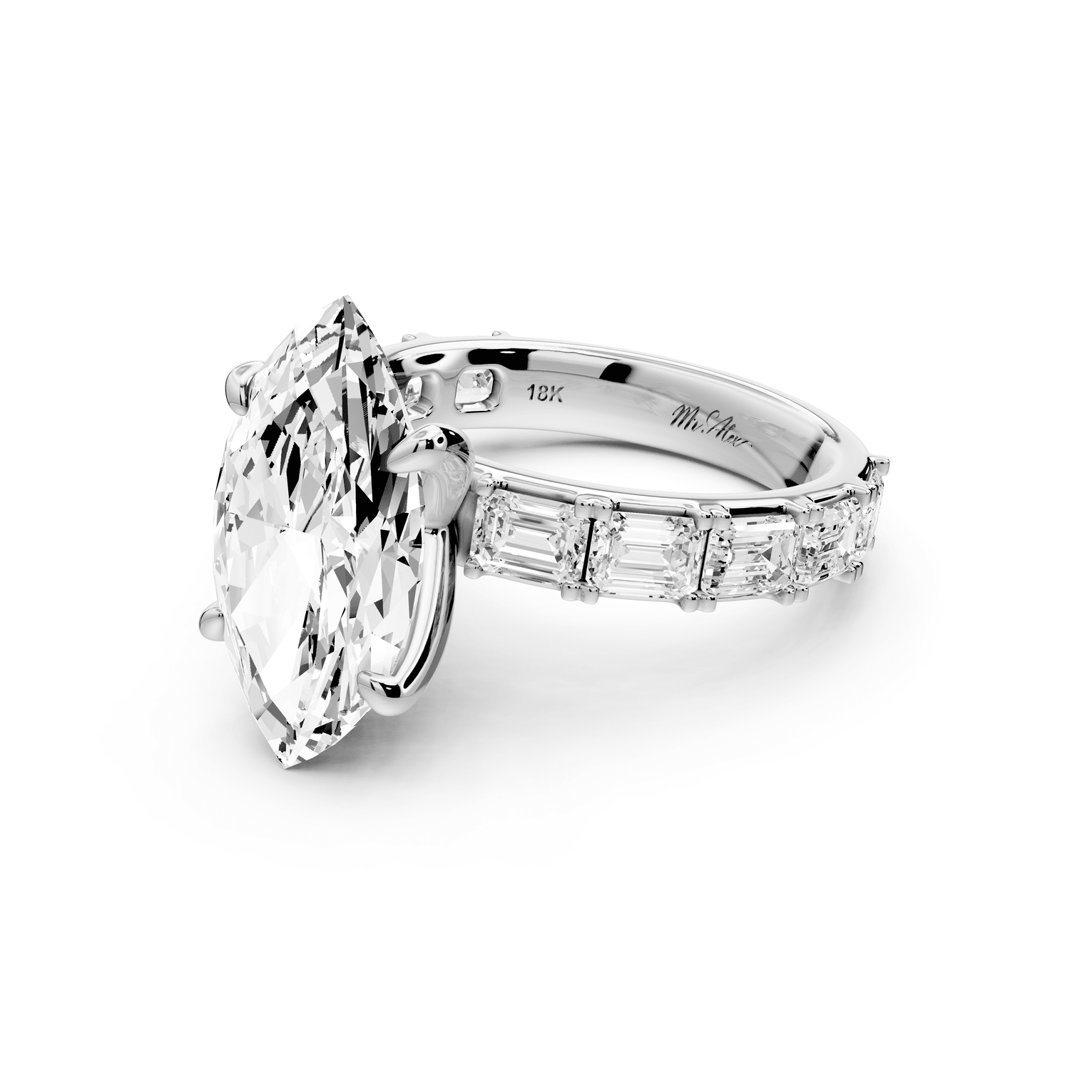 Nadia - 4ct platinum marquise diamond with east - west emerald cut accent stones engagement ring - Mr. Alex Jewelry