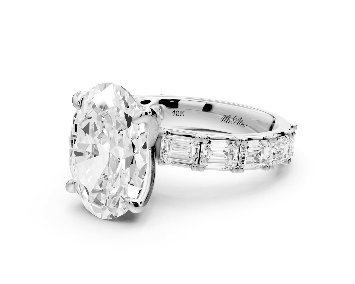 Nadia - 4ct platinum oval diamond with east - west emerald cut accent stones engagament ring - Mr. Alex Jewelry
