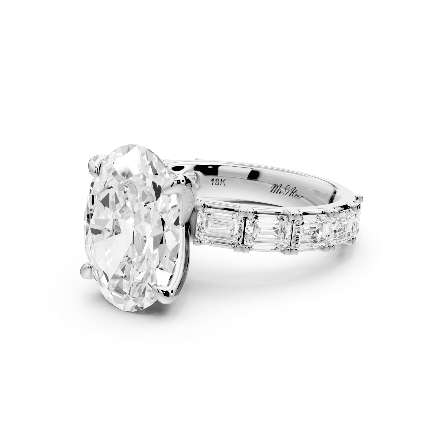 Nadia - 4ct platinum oval diamond with east - west emerald cut accent stones engagament ring - Mr. Alex Jewelry