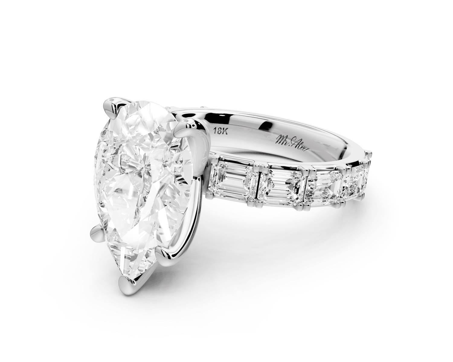 Nadia - 4ct platinum pear diamond with east - west emerald cut accent stones engagament ring - Mr. Alex Jewelry