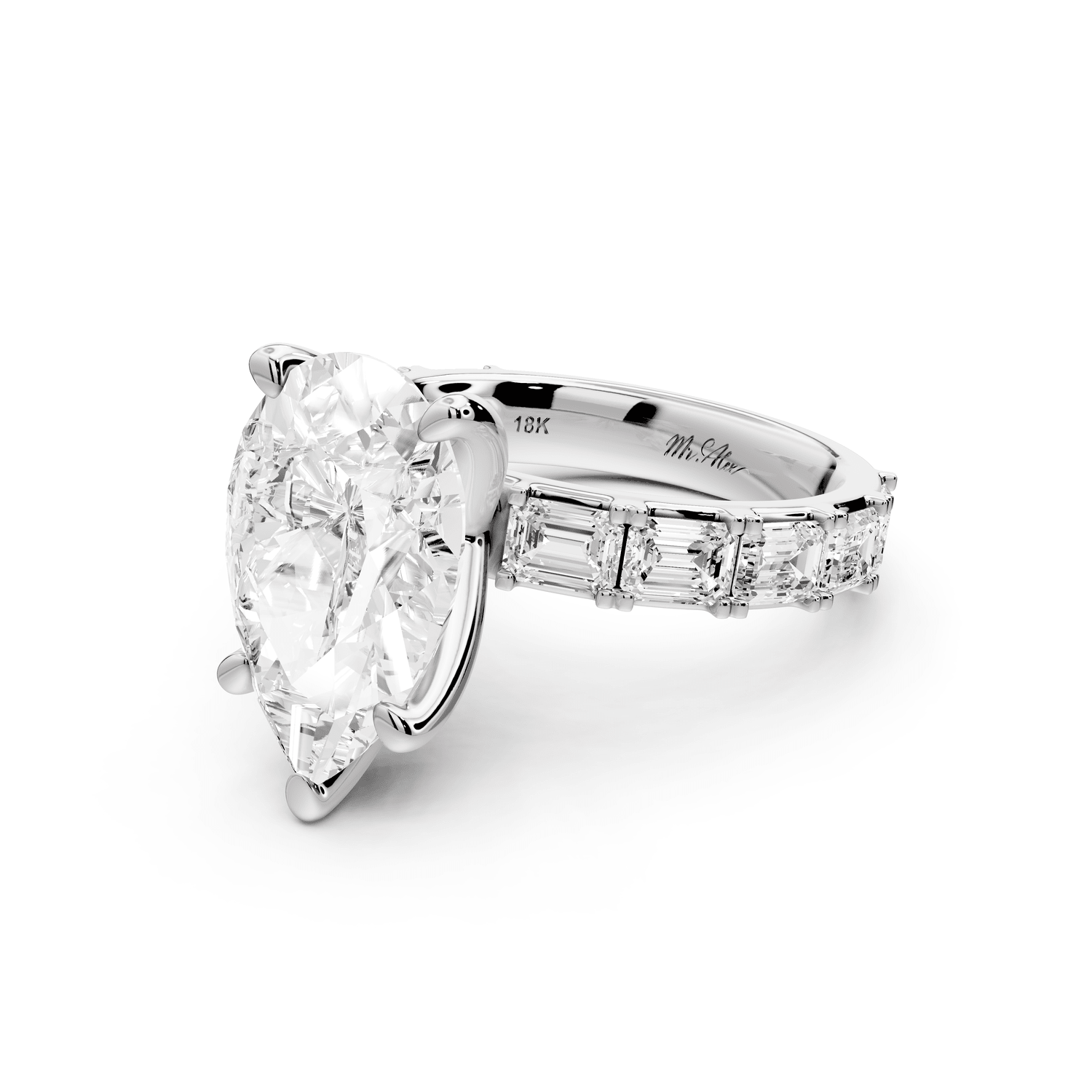 Nadia - 4ct platinum pear diamond with east - west emerald cut accent stones engagament ring - Mr. Alex Jewelry
