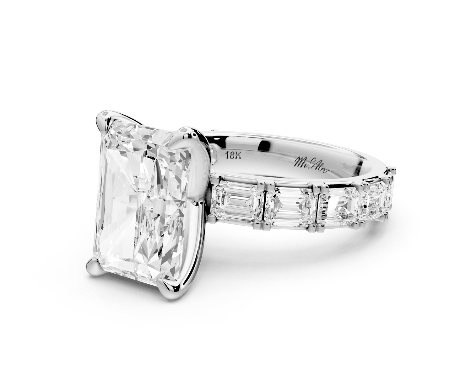 Nadia - 4ct platinum radiant diamond with east - west emerald cut accent stones engagement ring - Mr. Alex Jewelry