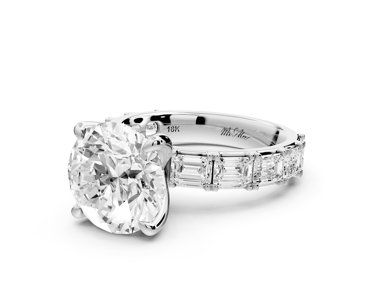 Nadia - 4ct platinum round diamond with east - west emerald cut accent stones engagement ring - Mr. Alex Jewelry