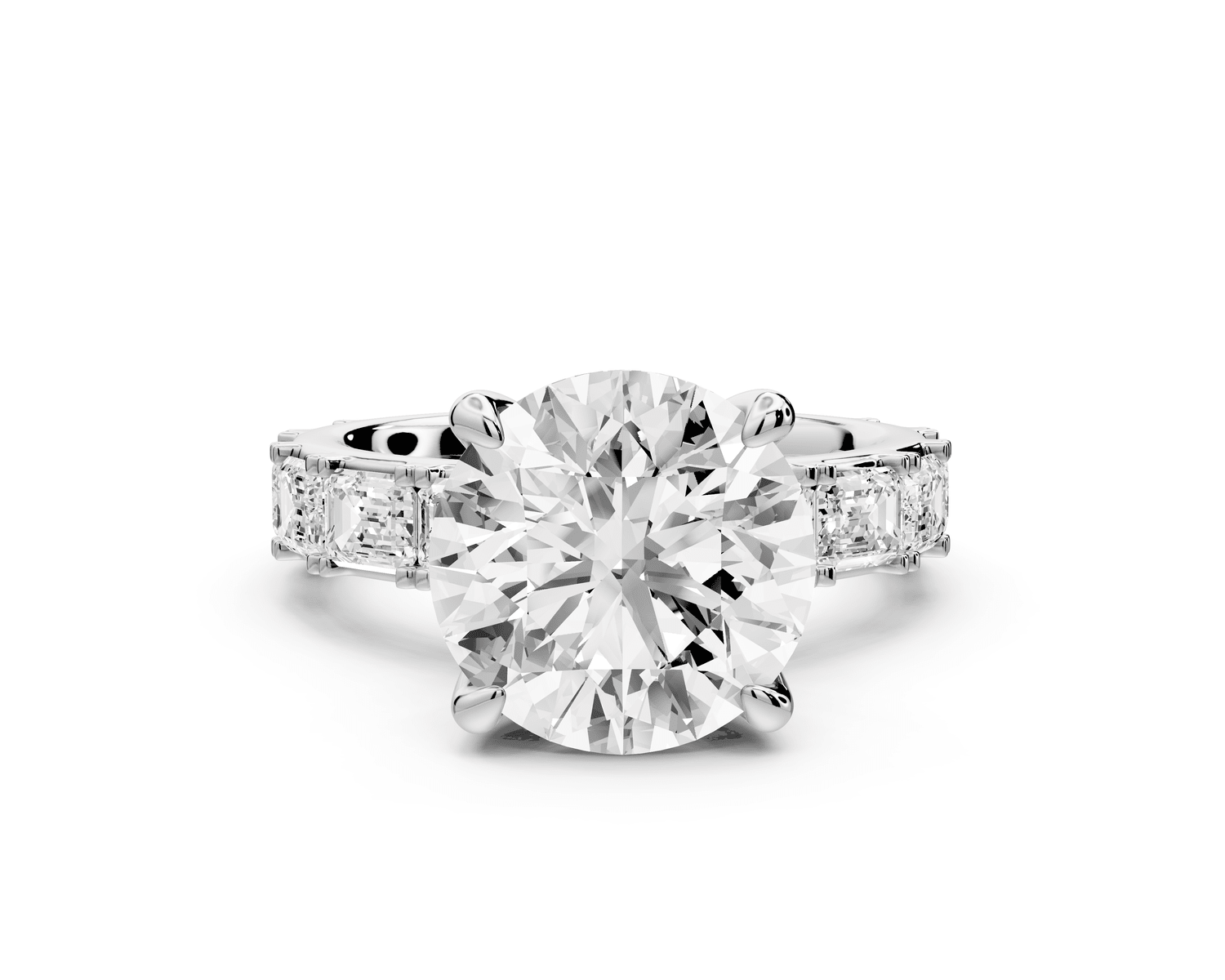 Nadia - 4ct platinum round diamond with east - west emerald cut accent stones engagement ring - Mr. Alex Jewelry