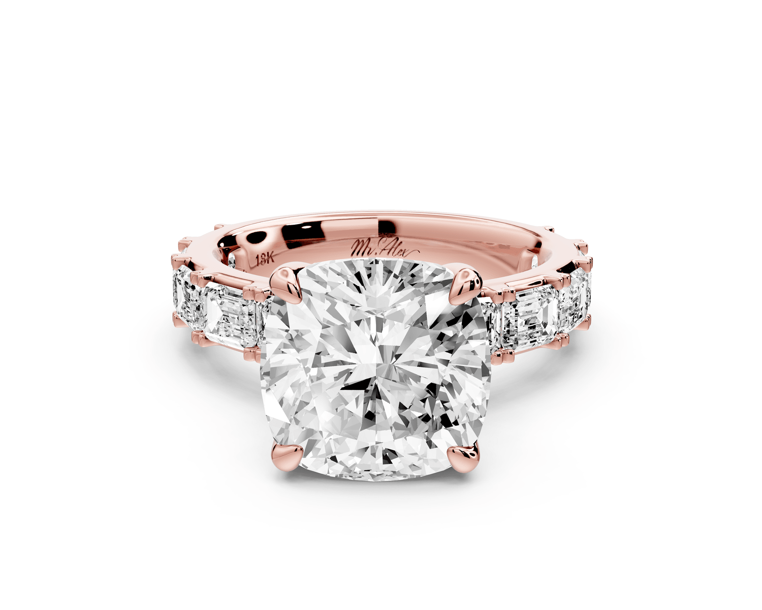 Nadia - 5ct 14k rose gold cushion diamond with east - west emerald cut accent stones engagement ring - Mr. Alex Jewelry