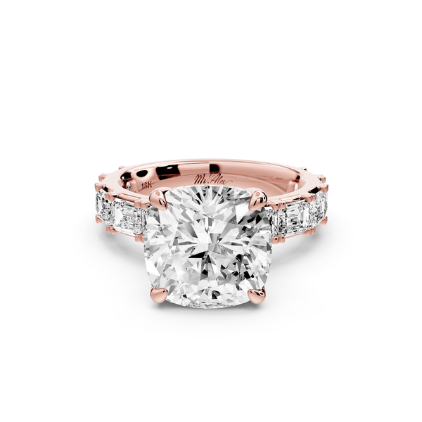 Nadia - 5ct 14k rose gold cushion diamond with east - west emerald cut accent stones engagement ring - Mr. Alex Jewelry