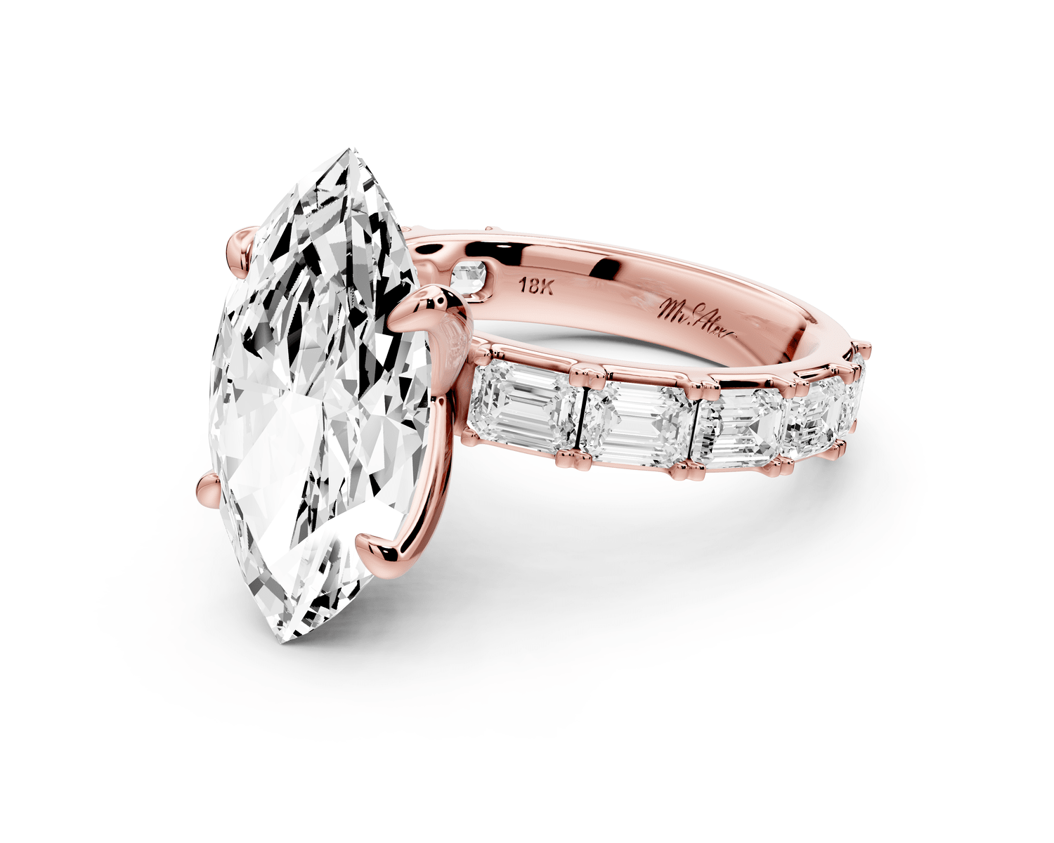 Nadia - 5ct 14k rose gold marquise diamond with east - west emerald cut accent stones engagement ring - Mr. Alex Jewelry