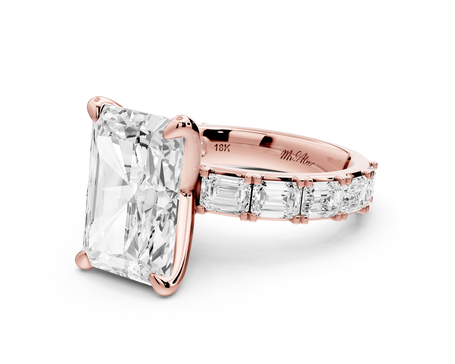 Nadia - 5ct 14k rose gold radiant diamond with east - west emerald cut accent stones engagement ring - Mr. Alex Jewelry