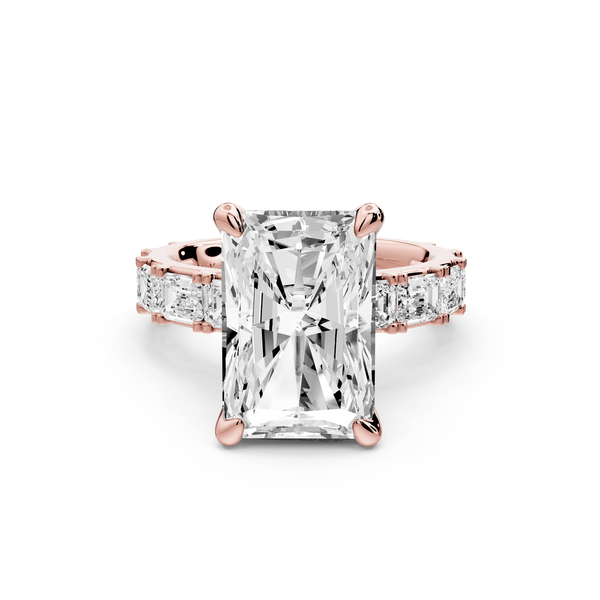 Nadia - 5ct 14k rose gold radiant diamond with east - west emerald cut accent stones engagement ring - Mr. Alex Jewelry