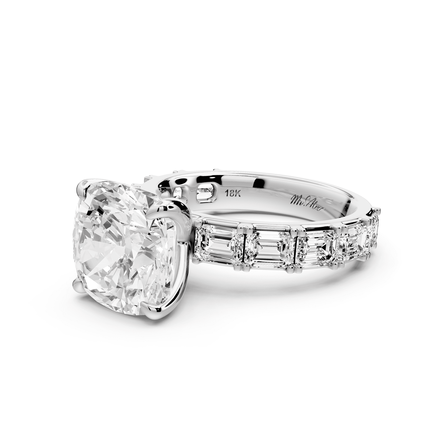 Nadia - 5ct 14k white gold cushion diamond with east - west emerald cut accent stones engagement ring - Mr. Alex Jewelry