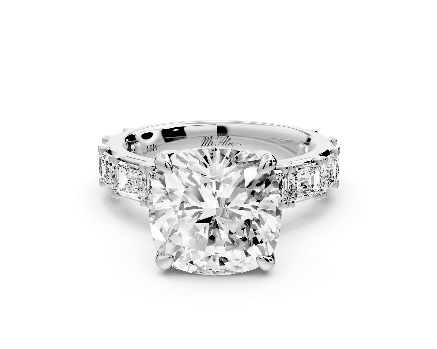 Nadia - 5ct 14k white gold cushion diamond with east - west emerald cut accent stones engagement ring - Mr. Alex Jewelry