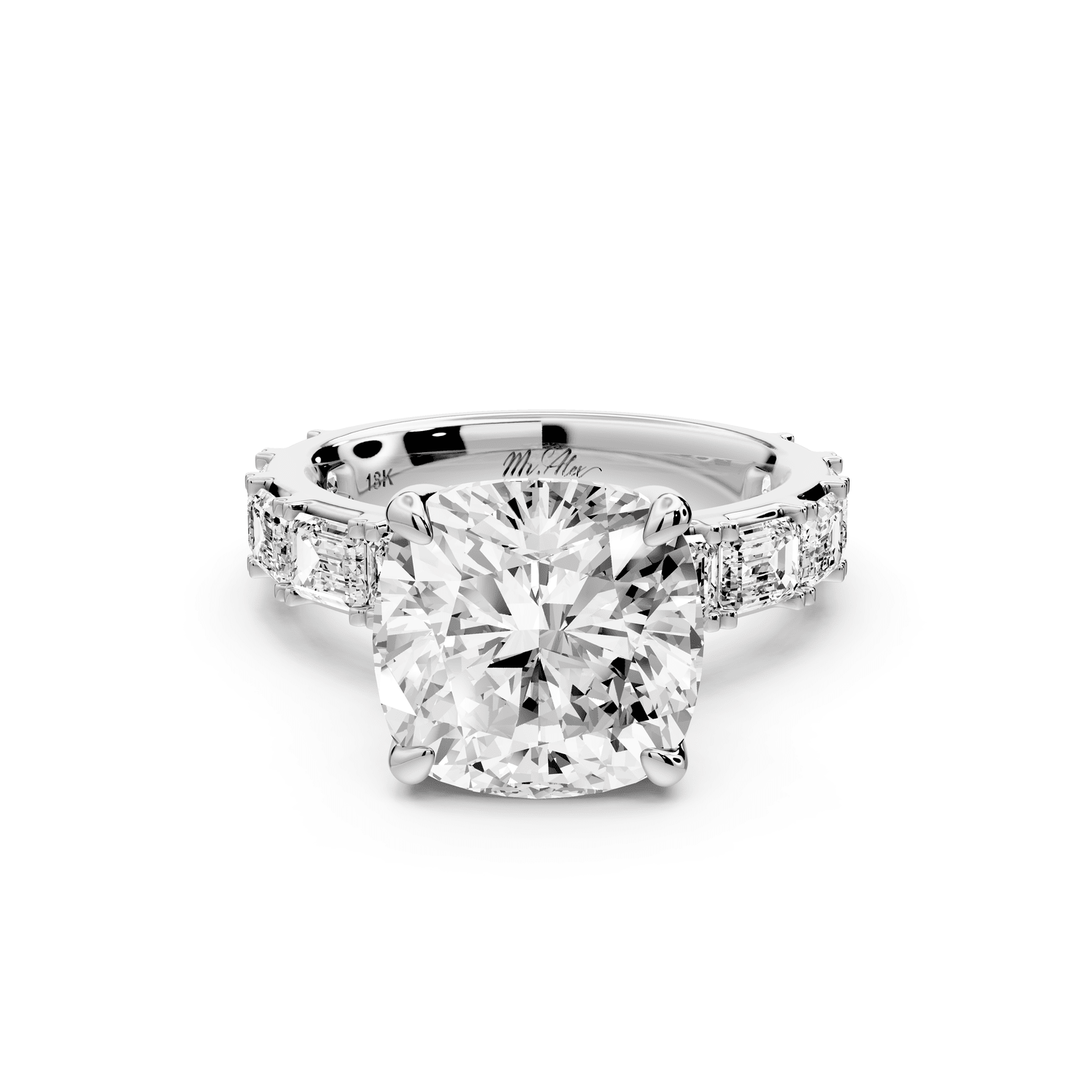 Nadia - 5ct 14k white gold cushion diamond with east - west emerald cut accent stones engagement ring - Mr. Alex Jewelry