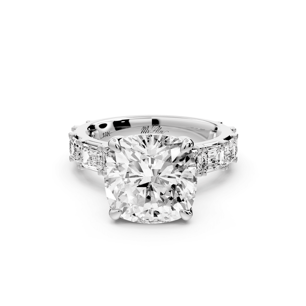 Nadia - 5ct 14k white gold cushion diamond with east - west emerald cut accent stones engagement ring - Mr. Alex Jewelry