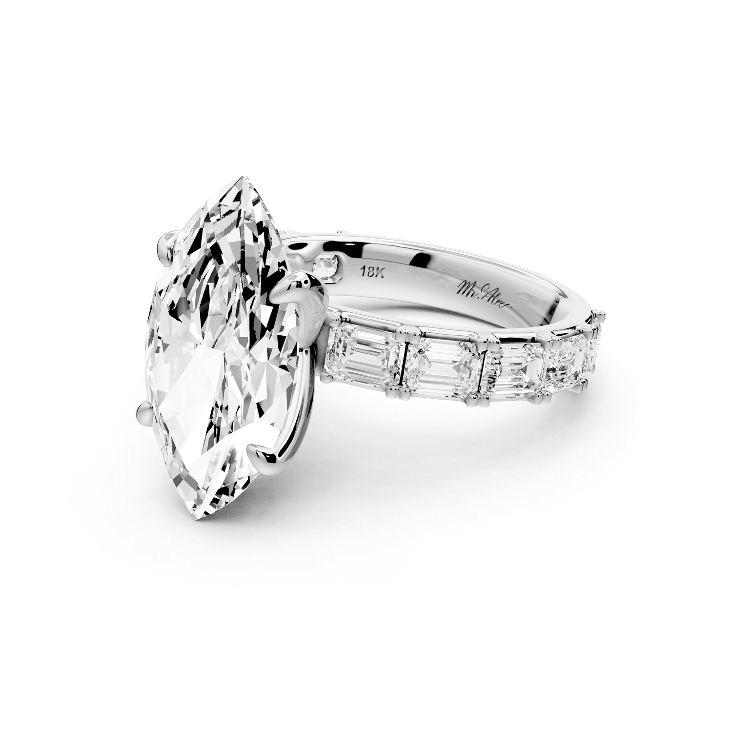 Nadia - 5ct 14k white gold marquise diamond with east - west emerald cut accent stones engagement ring - Mr. Alex Jewelry
