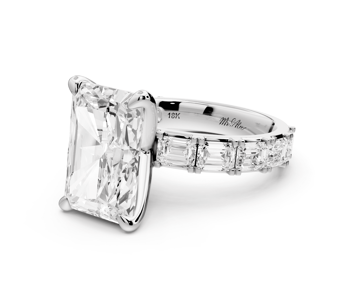 Nadia - 5ct 14k white gold radiant diamond with east - west emerald cut accent stones engagement ring - Mr. Alex Jewelry