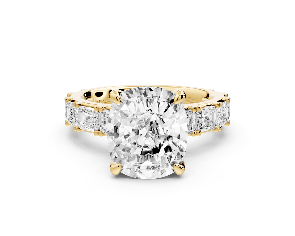 Nadia - 5ct 14k yellow gold ecushion diamond with east - west emerald cut accent stones engagement ring - Mr. Alex Jewelry