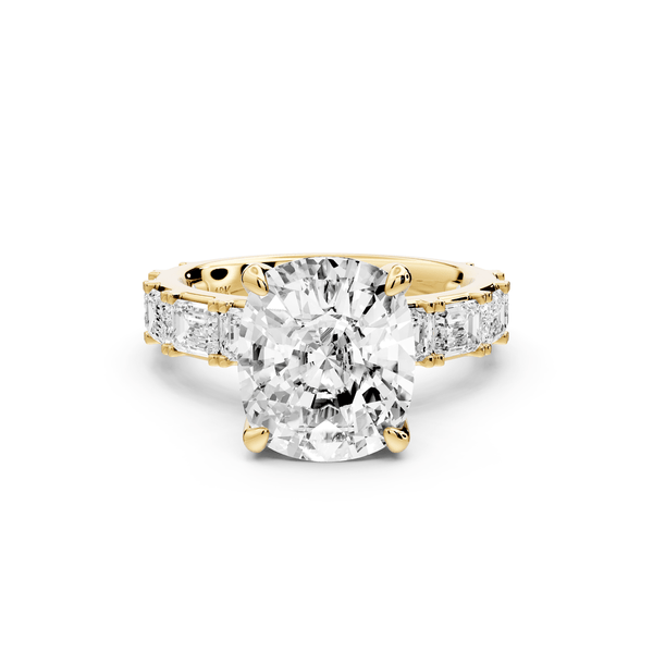 Nadia - 5ct 14k yellow gold ecushion diamond with east - west emerald cut accent stones engagement ring - Mr. Alex Jewelry