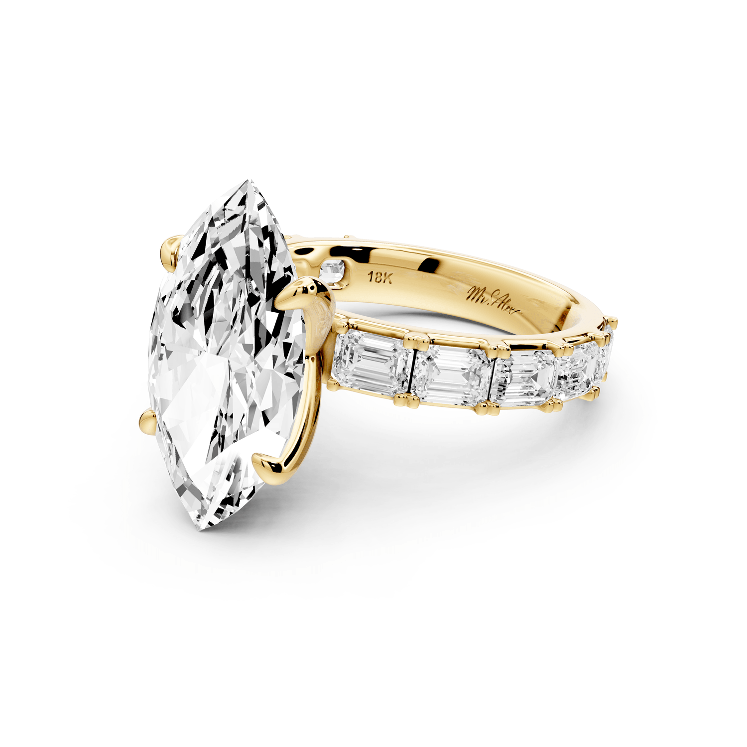 Nadia - 5ct 14k yellow gold marquise diamond with east - west emerald cut accent stones engagement ring - Mr. Alex Jewelry