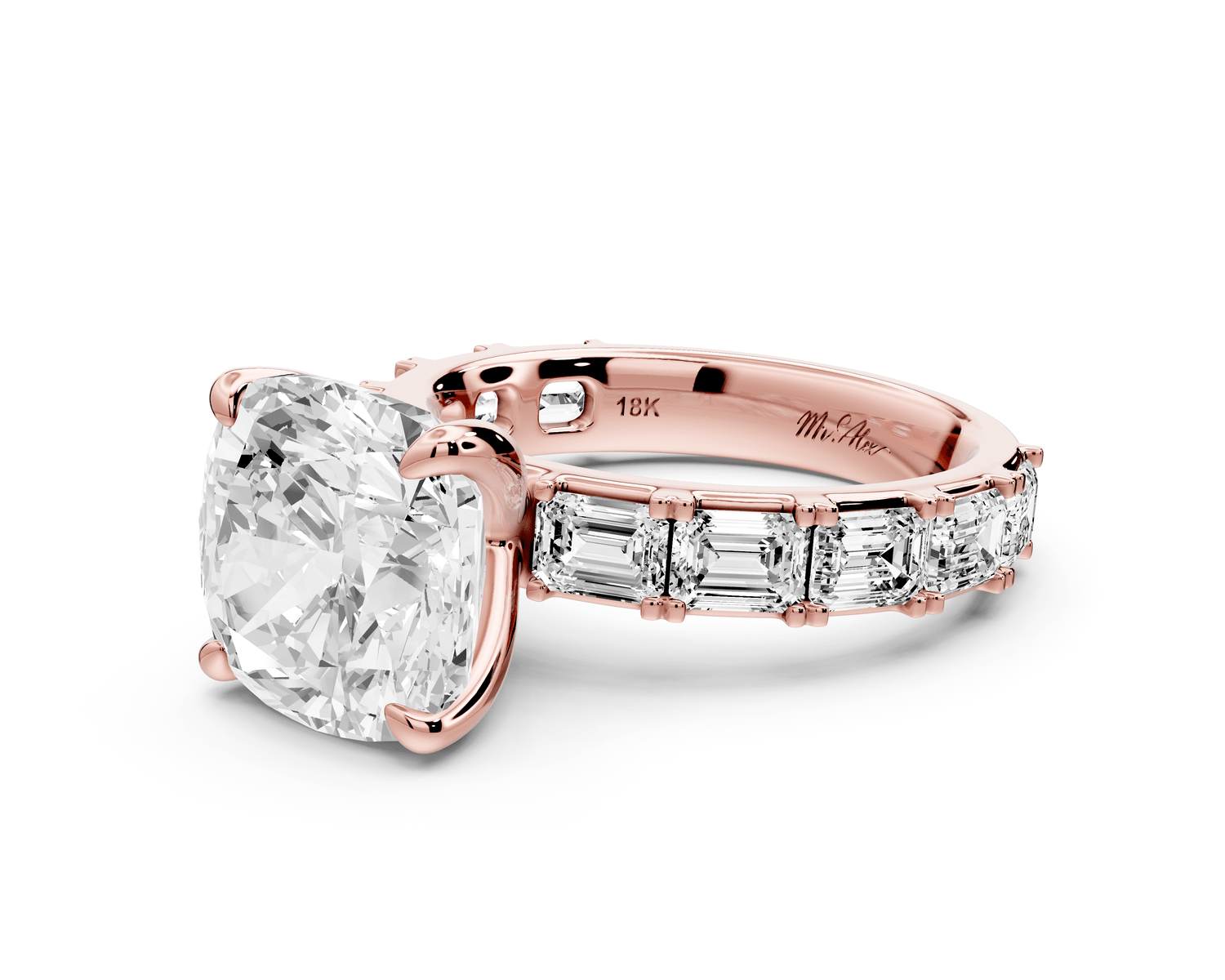 Nadia - 5ct 18k rose gold cushion diamond with east - west emerald cut accent stones engagement ring - Mr. Alex Jewelry