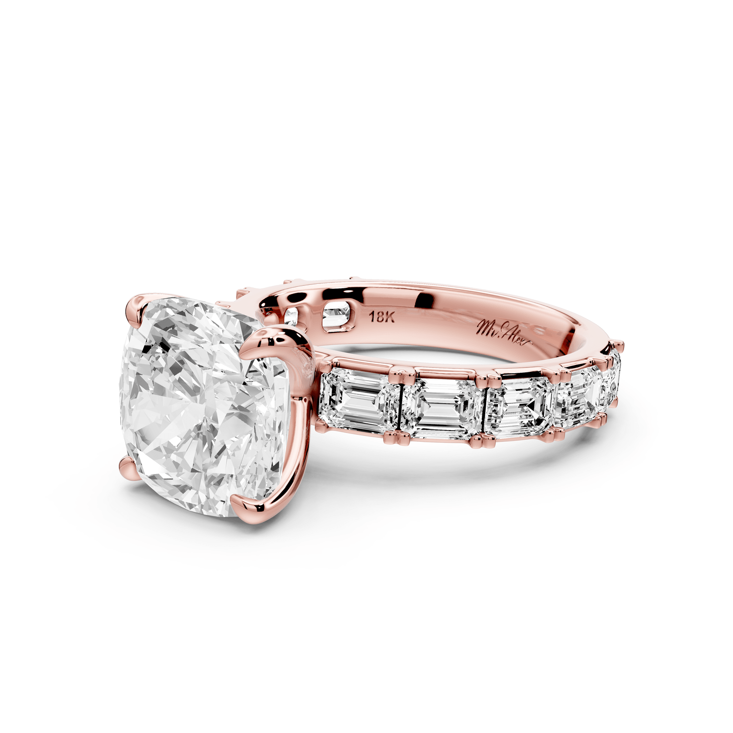 Nadia - 5ct 18k rose gold cushion diamond with east - west emerald cut accent stones engagement ring - Mr. Alex Jewelry