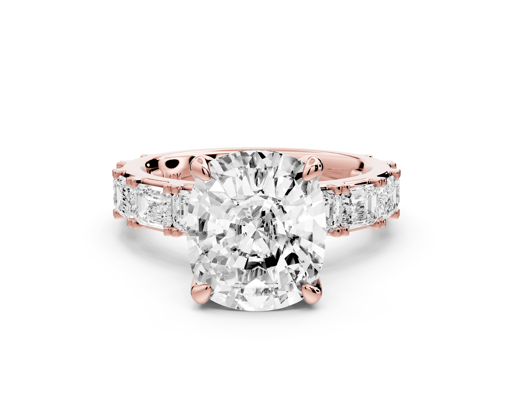 Nadia - 5ct 18k rose gold ecushion diamond with east - west emerald cut accent stones engagement ring - Mr. Alex Jewelry