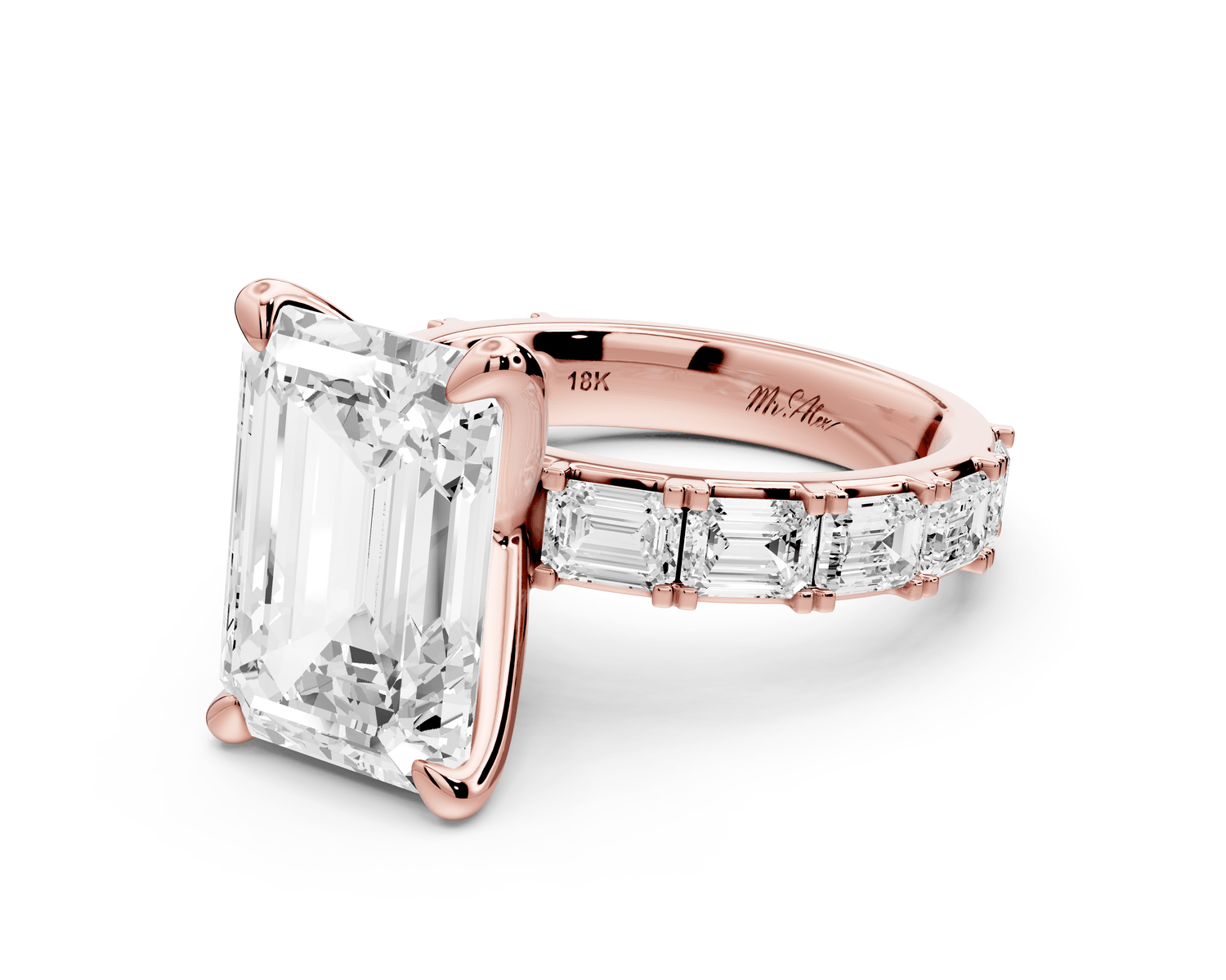 Nadia - 5ct 18k rose gold emerald diamond with east - west emerald cut accent stones engagament ring - Mr. Alex Jewelry